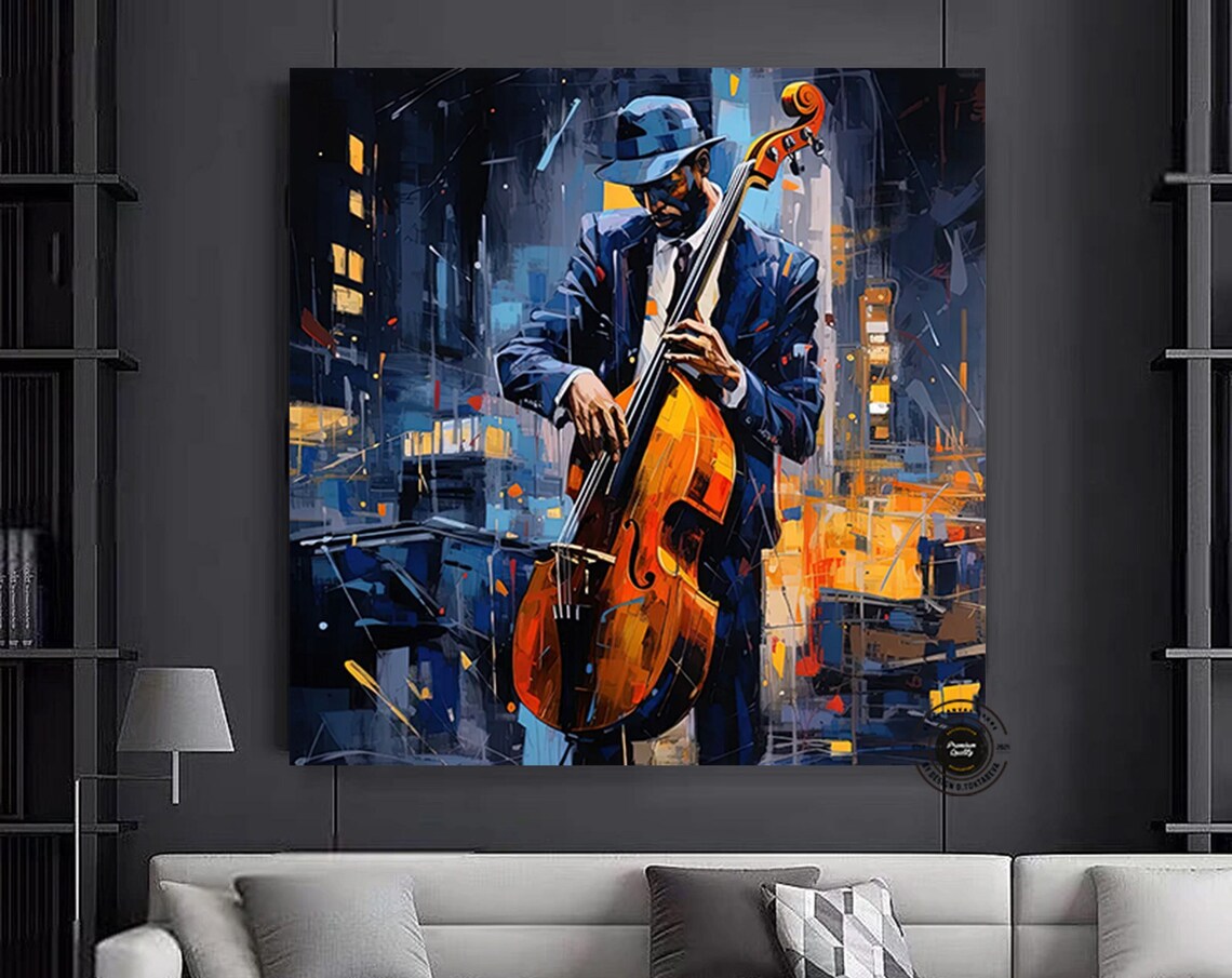 Jazz Double Bass Player Blue Suit Night City Scene Art Poster