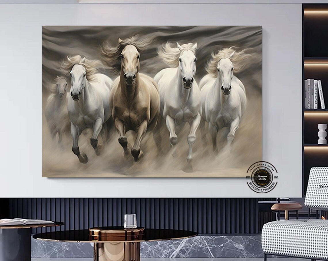 Seven White Horses Running Wild Dusty Sepia Tones Art Poster