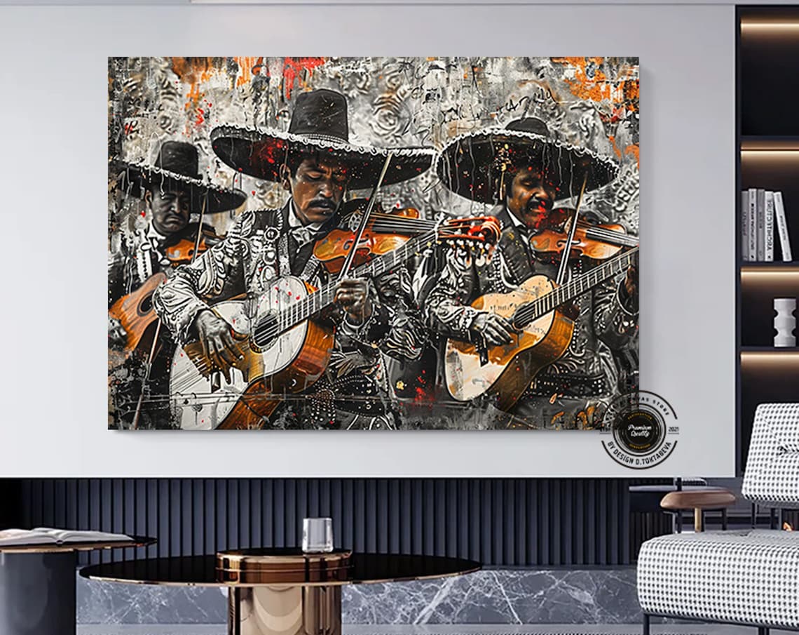 Mariachi Band Musicians Sombreros Guitars Vibrant Art Poster