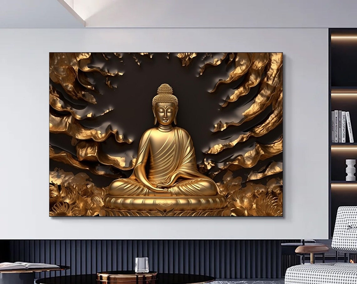 Golden Buddha Meditating Statue Cloud Relief Spiritual Poster