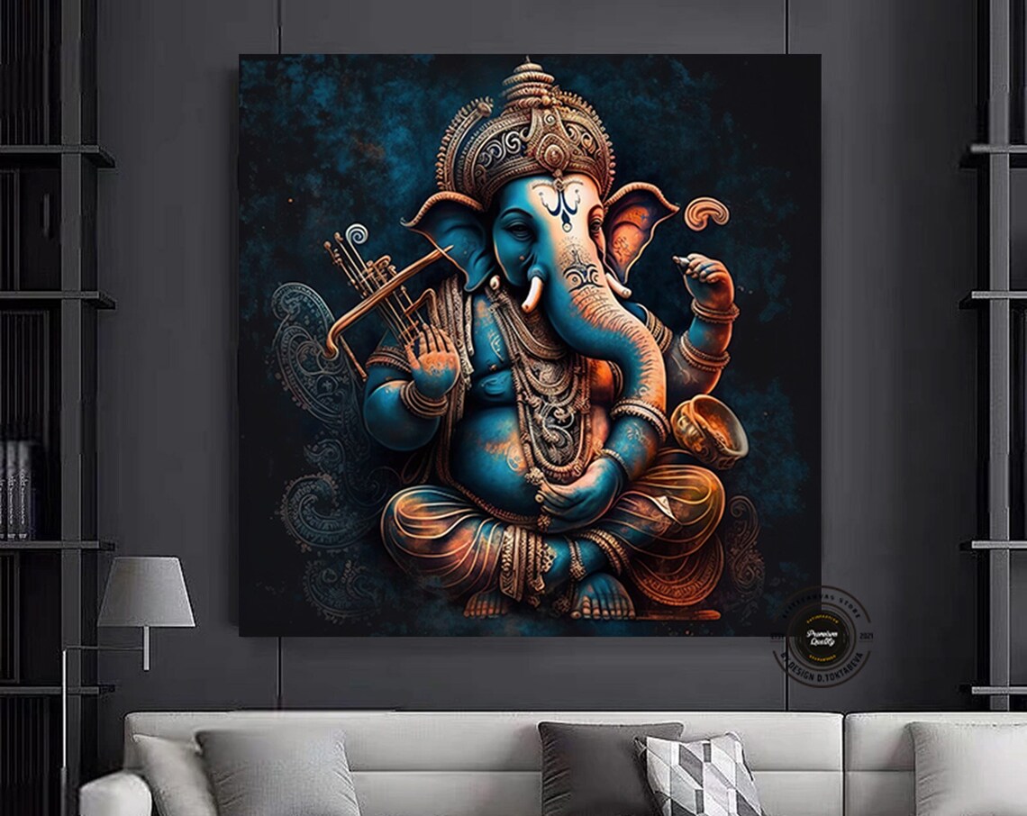 Blue Ganesha Golden Ornaments Spiritual Hindu Deity Art Poster