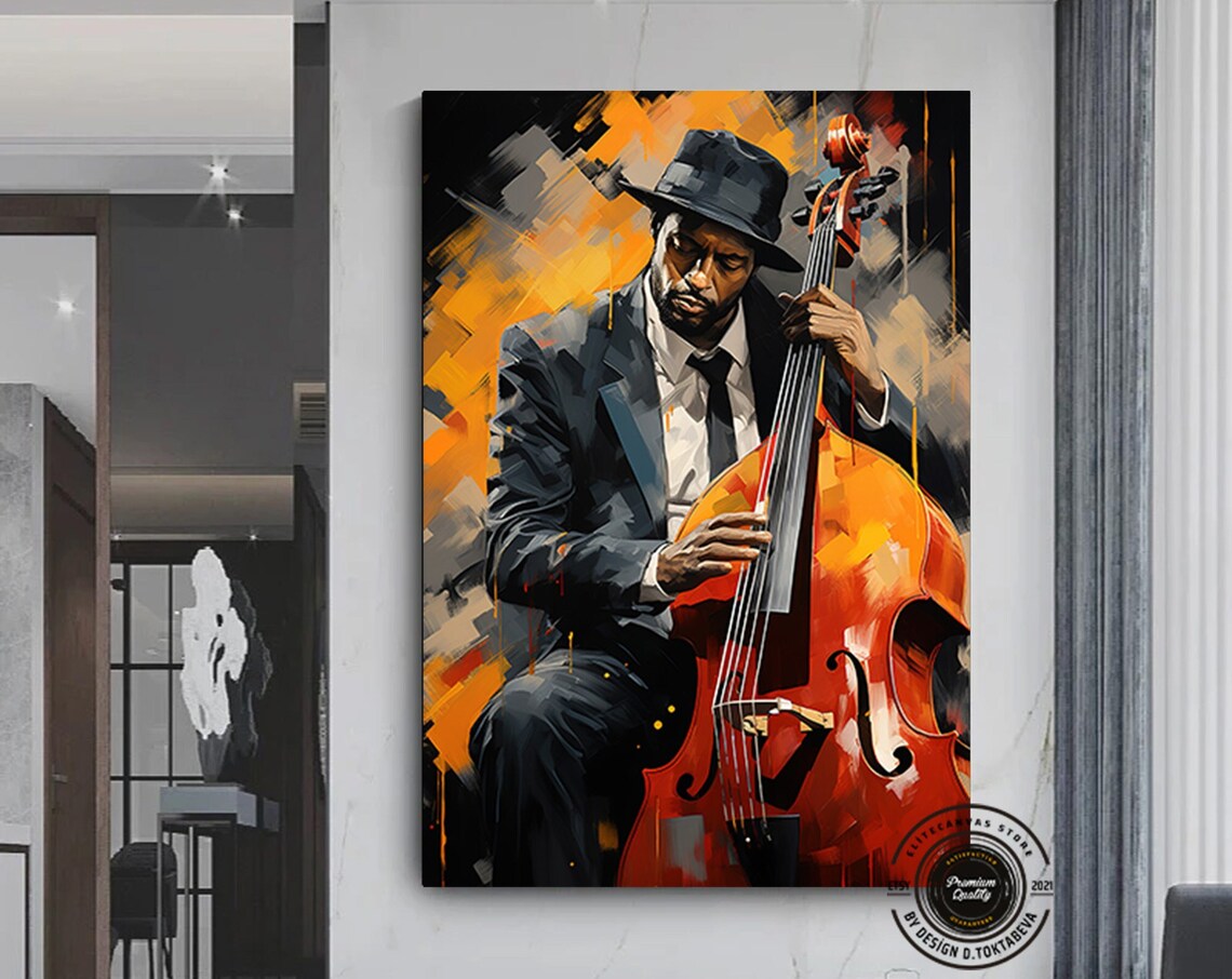 Jazz Bassist in Fedora Playing Double Bass Fiery Orange Art Poster