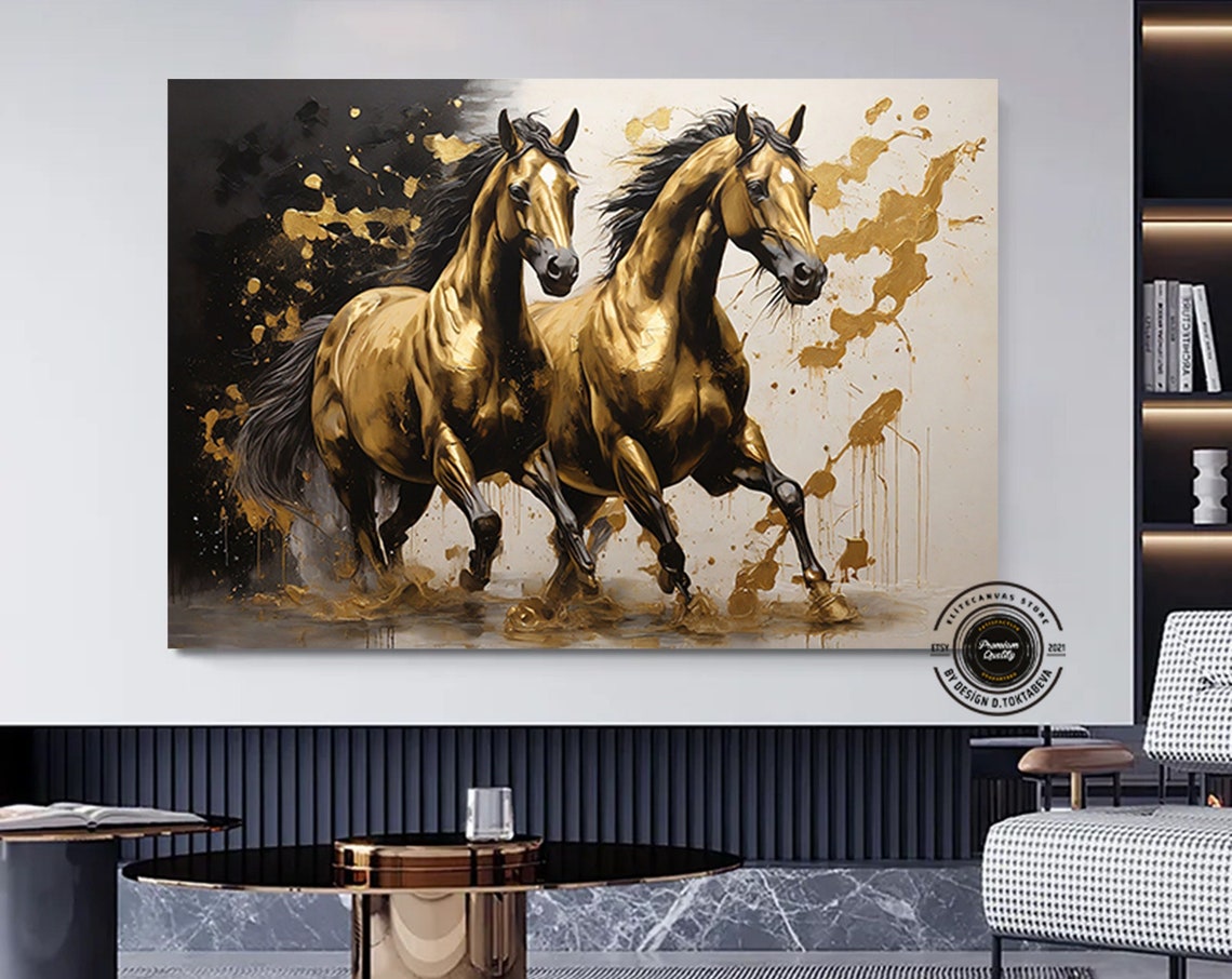 Two Golden Horses Galloping Fast with Gold Splatter Art Poster