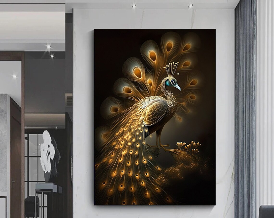 Golden Peacock With Fanned Tail On Dark Luxury Bird Art Poster