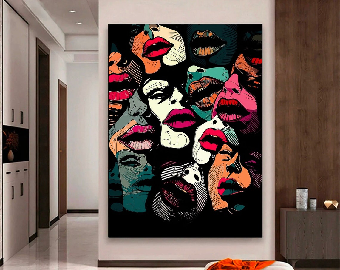 Vivid Colorful Pop Art Faces Bold Red Lips Modern Graphic Poster