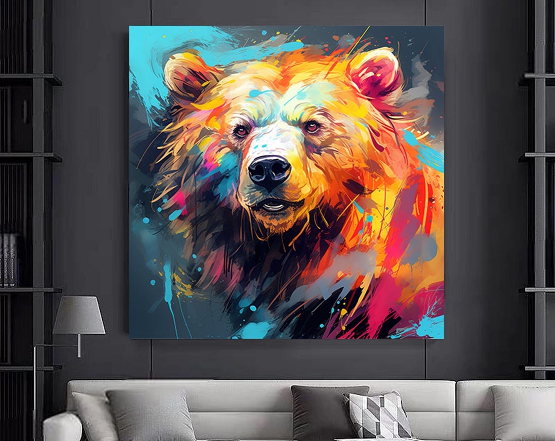 Abstract Bear Art Canvas Or Poster Wall Animal Decor Colorful Modern Living Room Bedroom Large