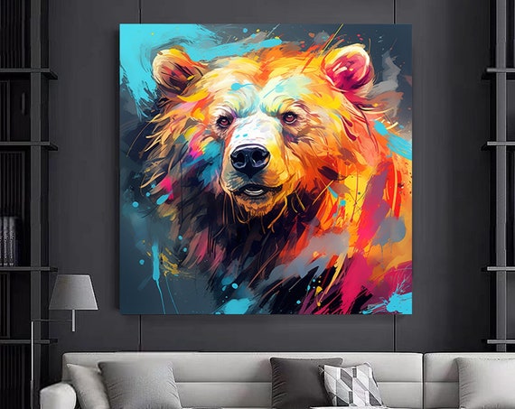Abstract Bear Art Canvas Or Poster Wall Animal Decor Colorful Modern Living Room Bedroom Large