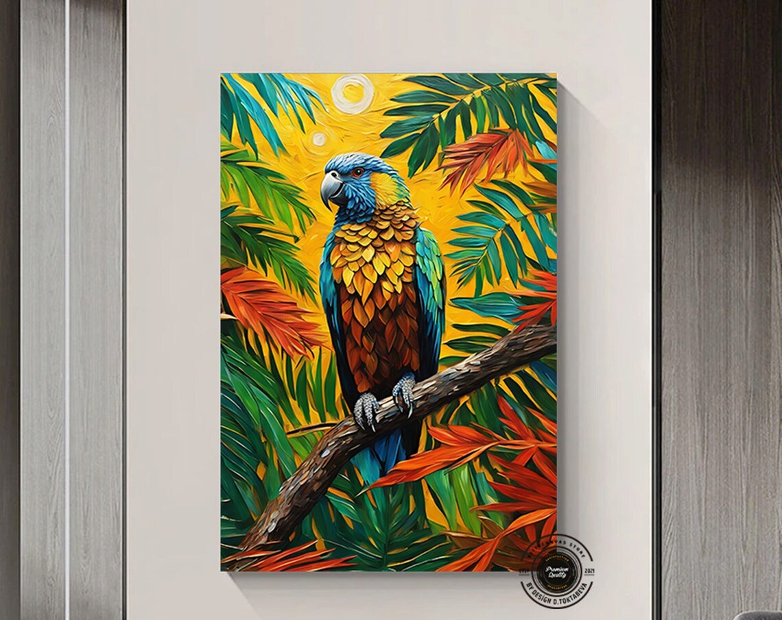 Vibrant Blue and Gold Macaw Parrot Tropical Jungle Scene Poster
