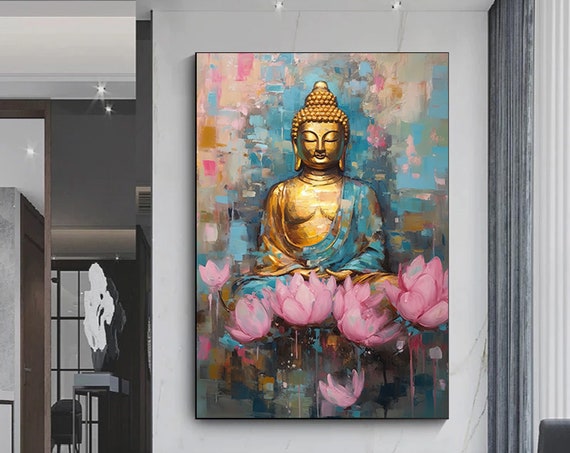 Golden Buddha Lotus Flowers Colorful Abstract Meditation Art Poster