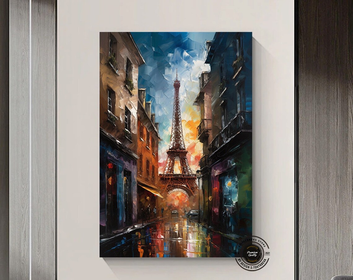 Eiffel Tower Paris Street Scene at Sunset Impasto Oil Painting Poster