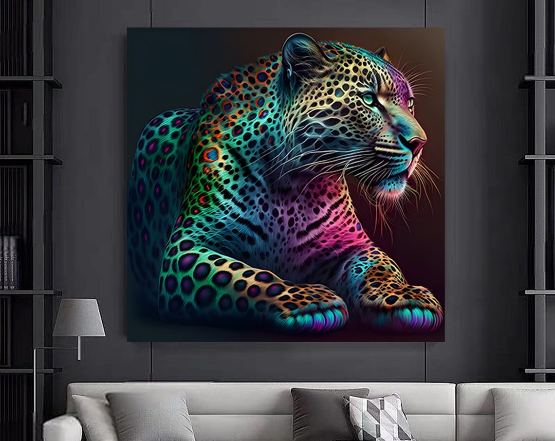 Colorful Tiger Canvas Painting Leopard Wall Art Decor Animal Artwork Ready To Hang Wild Print On