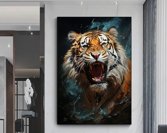 Roaring Tiger Fierce Open Mouth Wild Big Cat Painting Poster