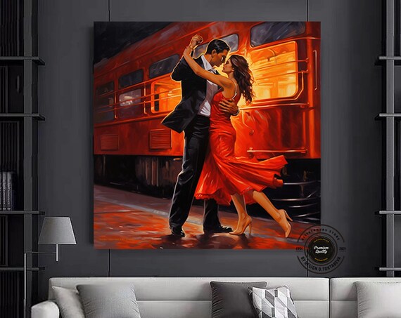 Tango Dancers in Red Dress by Train at Night Romantic Painting Poster