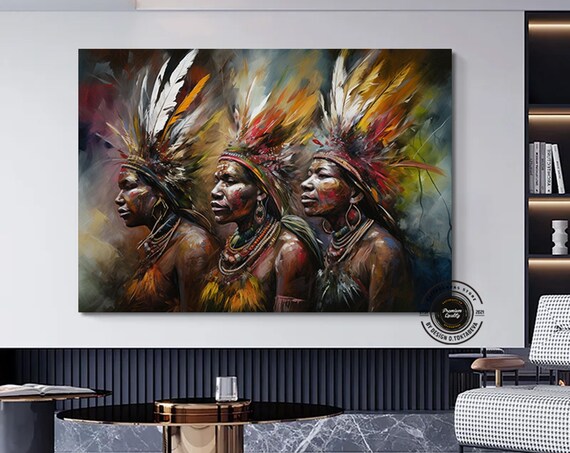 Tribal Warriors Feather Headdresses Bold Profile Indigenous Art Poster