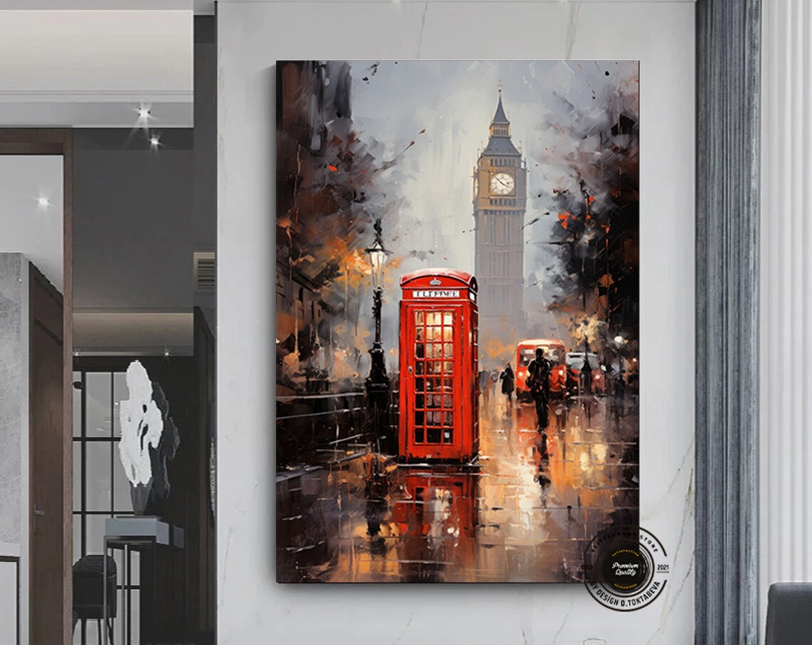 London Red Phone Booth Big Ben Rainy Street Painting Art Poster
