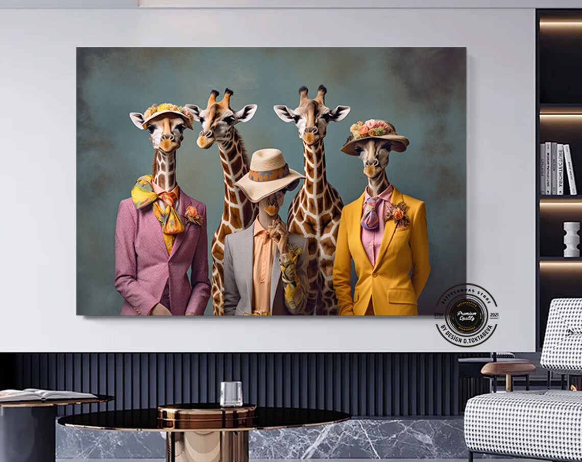 Giraffes in Suits and Hats Quirky Dressed Animals Art Poster