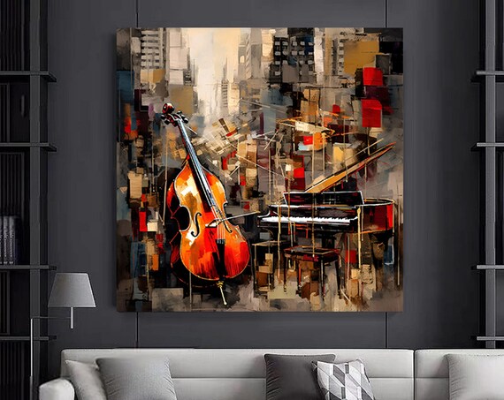 Cello and Piano Abstract City Music Room Jazz Painting Poster