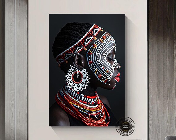 African Woman Beaded Jewelry Face Paint Profile Portrait Poster