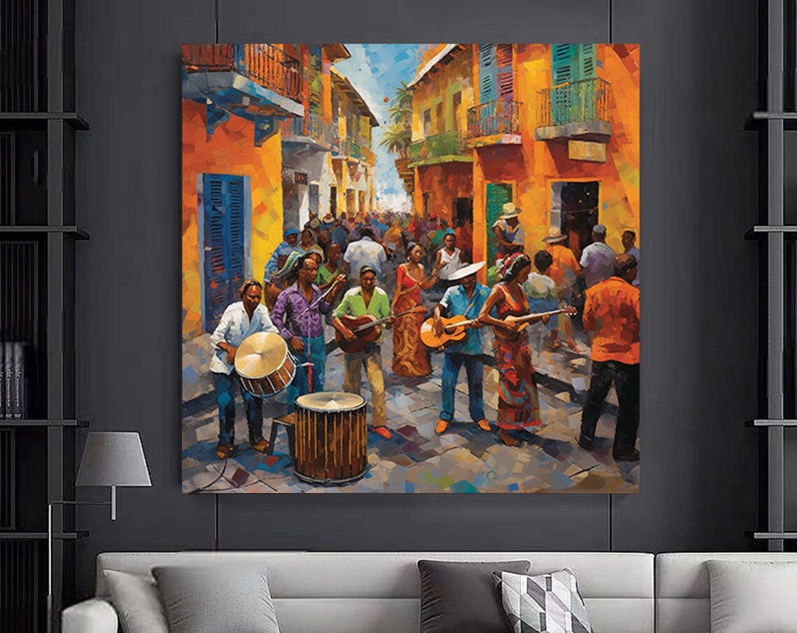 Lively Street Musicians Festival Colorful Town Scene Painting Poster