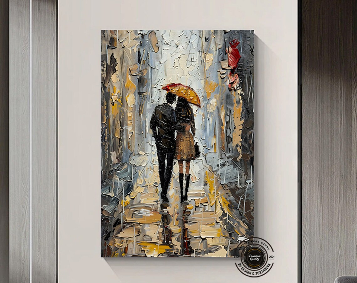 Couple Walking in Rain Red Umbrella Impasto Oil Painting Art Poster