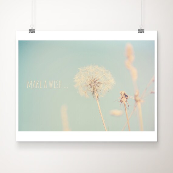 Sale Dandelion Photograph Flower Print Make A Wish Typography Pastel Blue Decor Nursery Wall Art Discounted