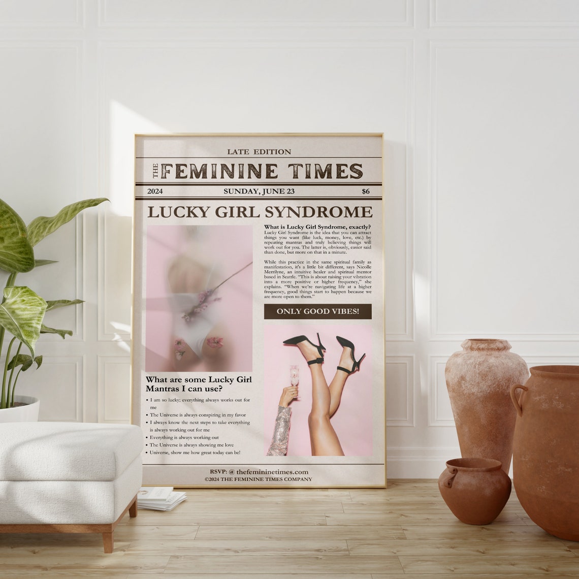 Lucky Girl Syndrome Newspaper Style The Feminine Times Mantras Poster - Image 2
