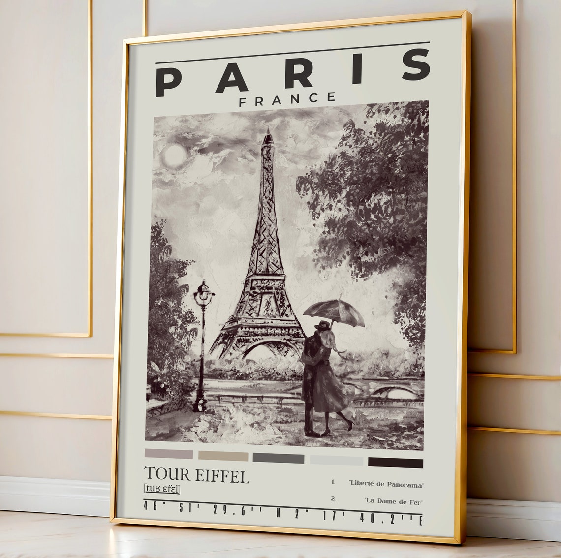 Paris France Eiffel Tower Umbrella Couple Black White Oil Poster