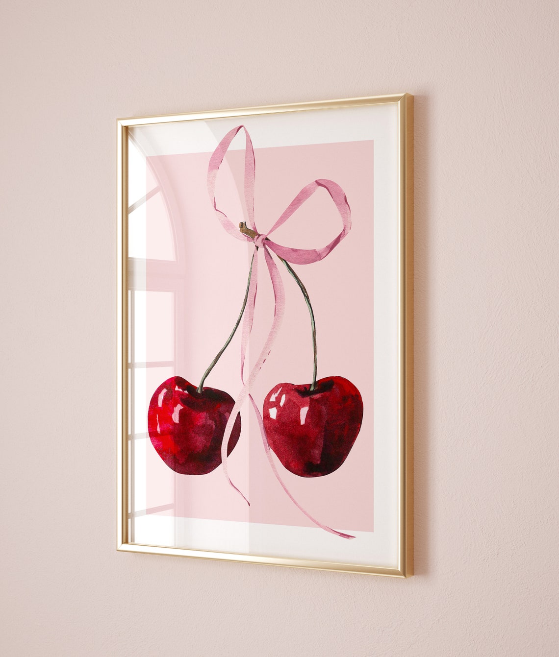 Watercolor Cherries Pink Bow Blush Coquette Girly Kitchen Poster - Image 2