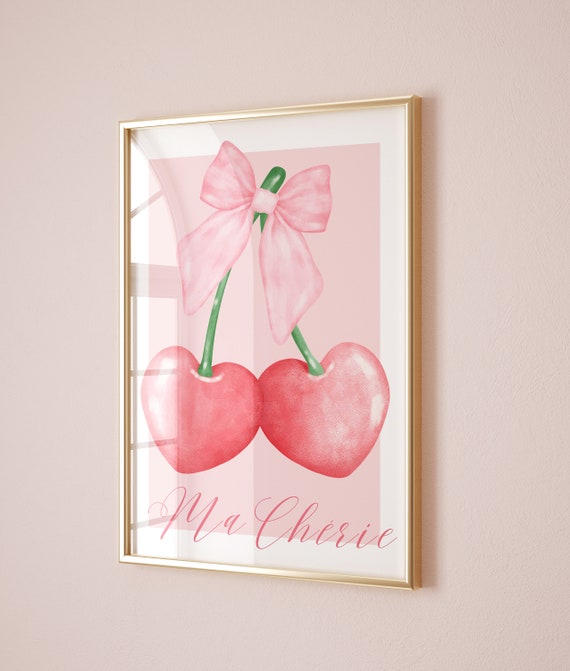 Ma Cherie Print Watercolor Cherry Pink Bow Wall Art Girly Coquette Soft Room Decor Pink Red Bedroom Wall Decor Chic Poster For Dorm Room
