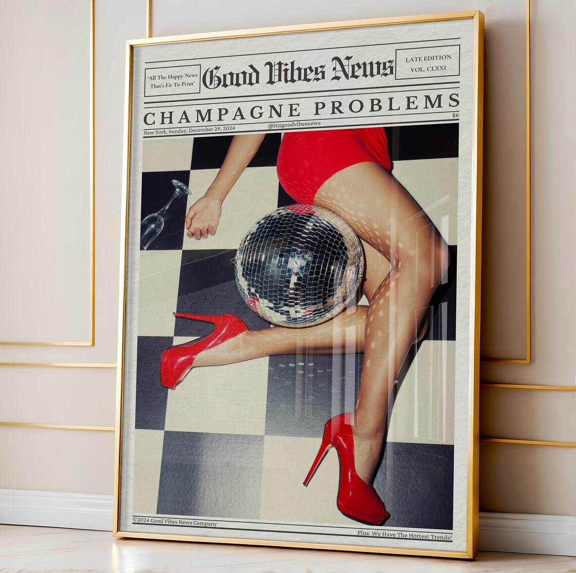 Champagne Problems Newspaper Poster Disco Glam Red Dress Heels Party Art