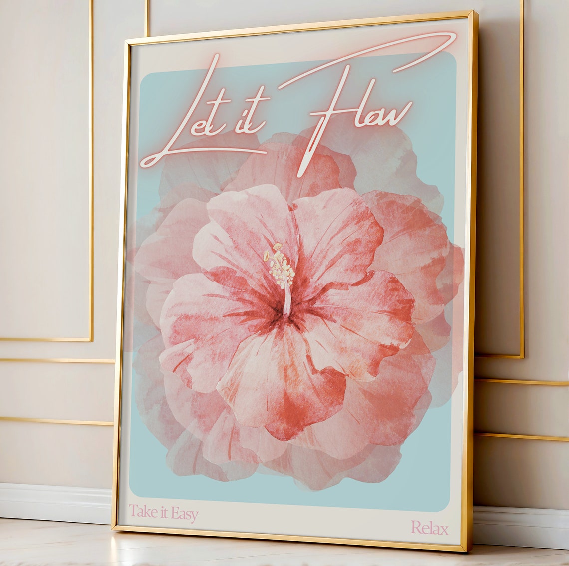Let It Flow Hibiscus Neon Script Floral Blue Tranquil Calm Poster