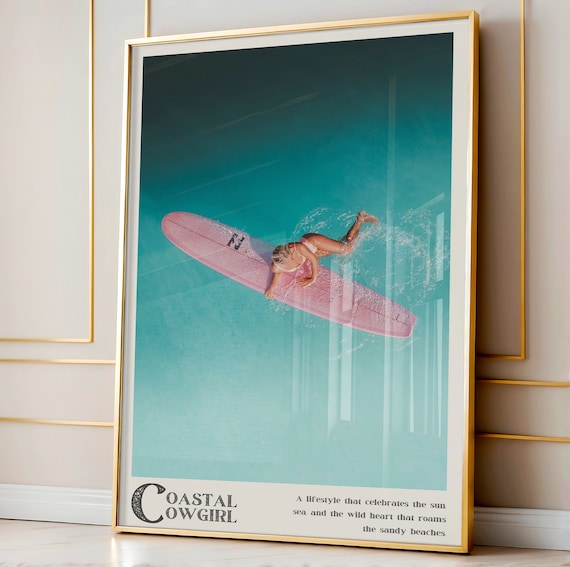 Coastal Cowgirl Surfer Girl Pink Longboard Aerial Photo Poster