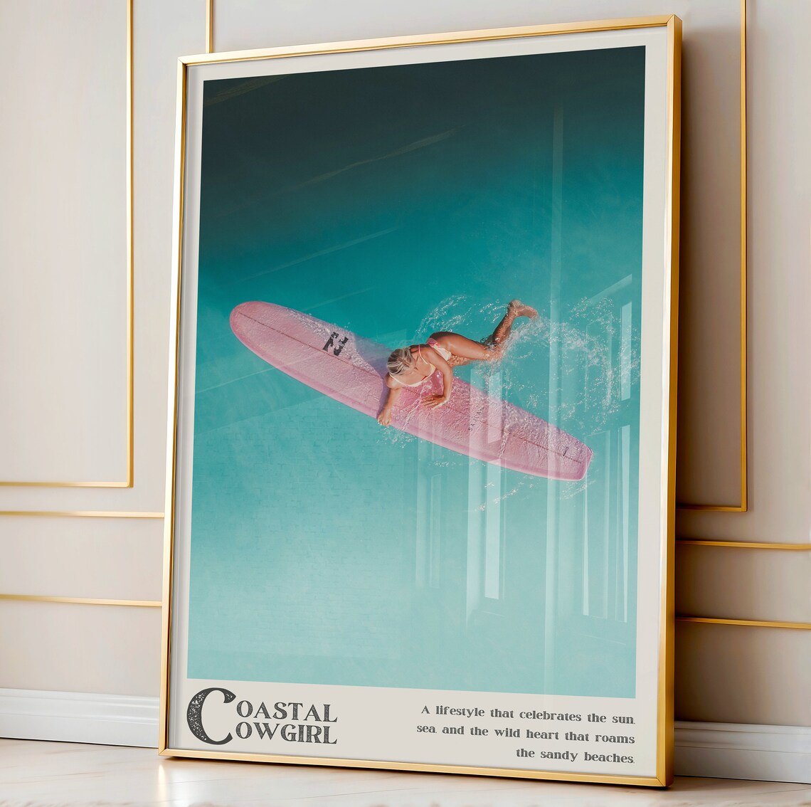Coastal Cowgirl Surfer Girl Pink Longboard Aerial Photo Poster