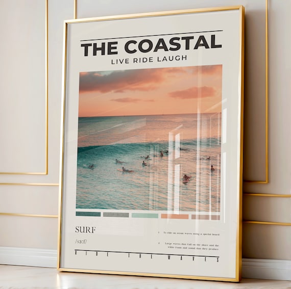 The Coastal Live Ride Laugh Sunset Surfers Orange Sky Ocean Wave Surf Poster