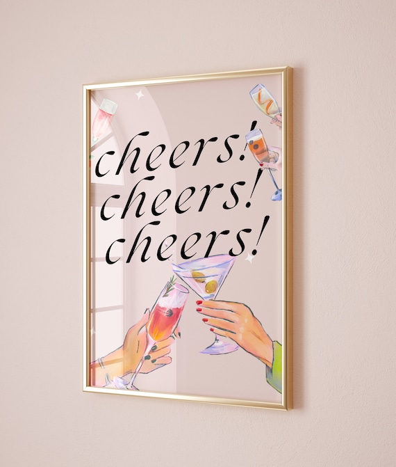 Cheers Cocktail Toast Illustration Poster Bar Cart Party Decor