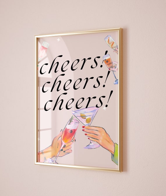 Pink Retro Cheers Poster Champagne Cocktail Print Bar Cart Art 70s Wall Art Preppy Aesthetic Trendy Illustration Funny Girly Wall Decor