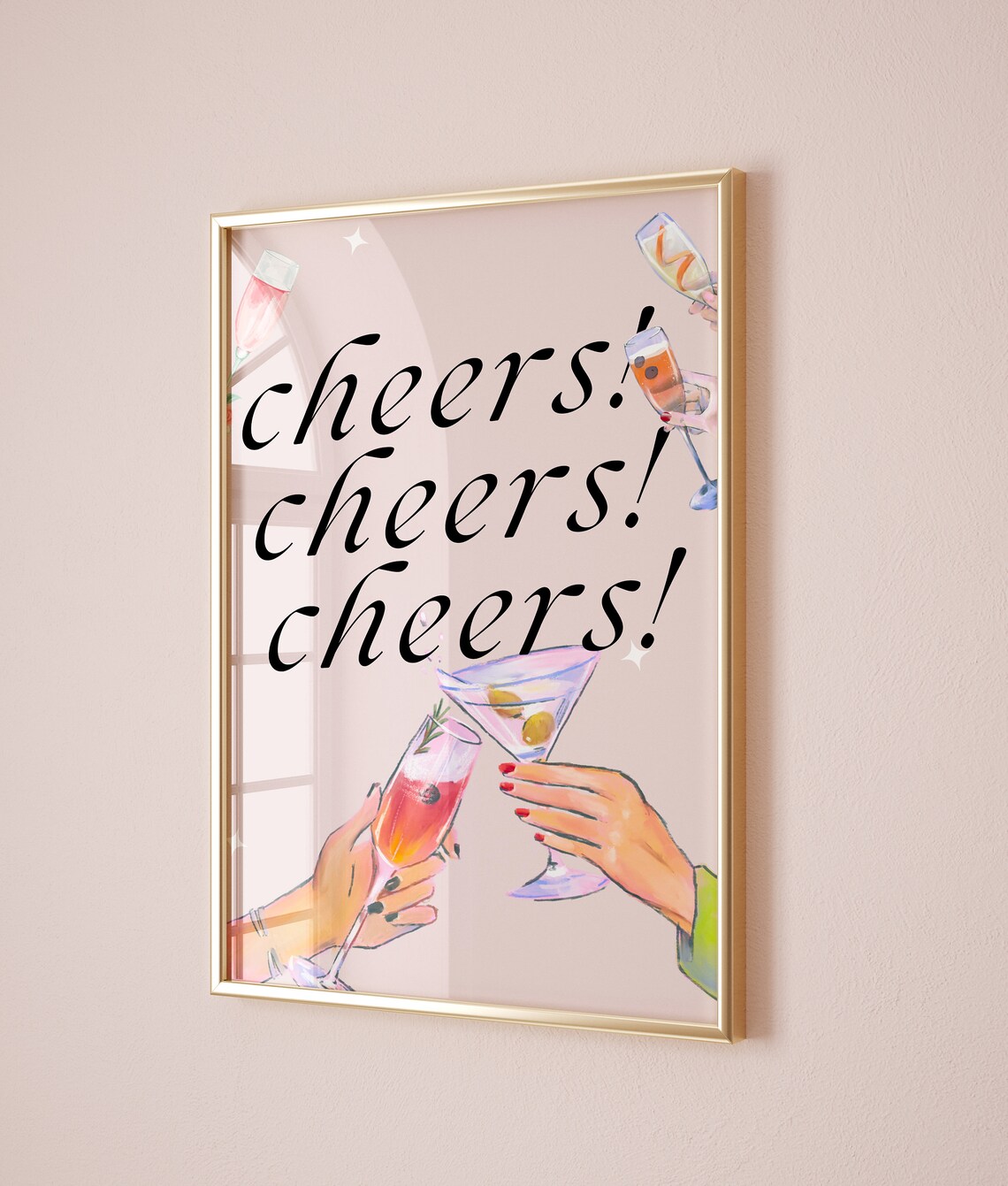Cheers Cocktail Toast Illustration Poster Bar Cart Party Decor