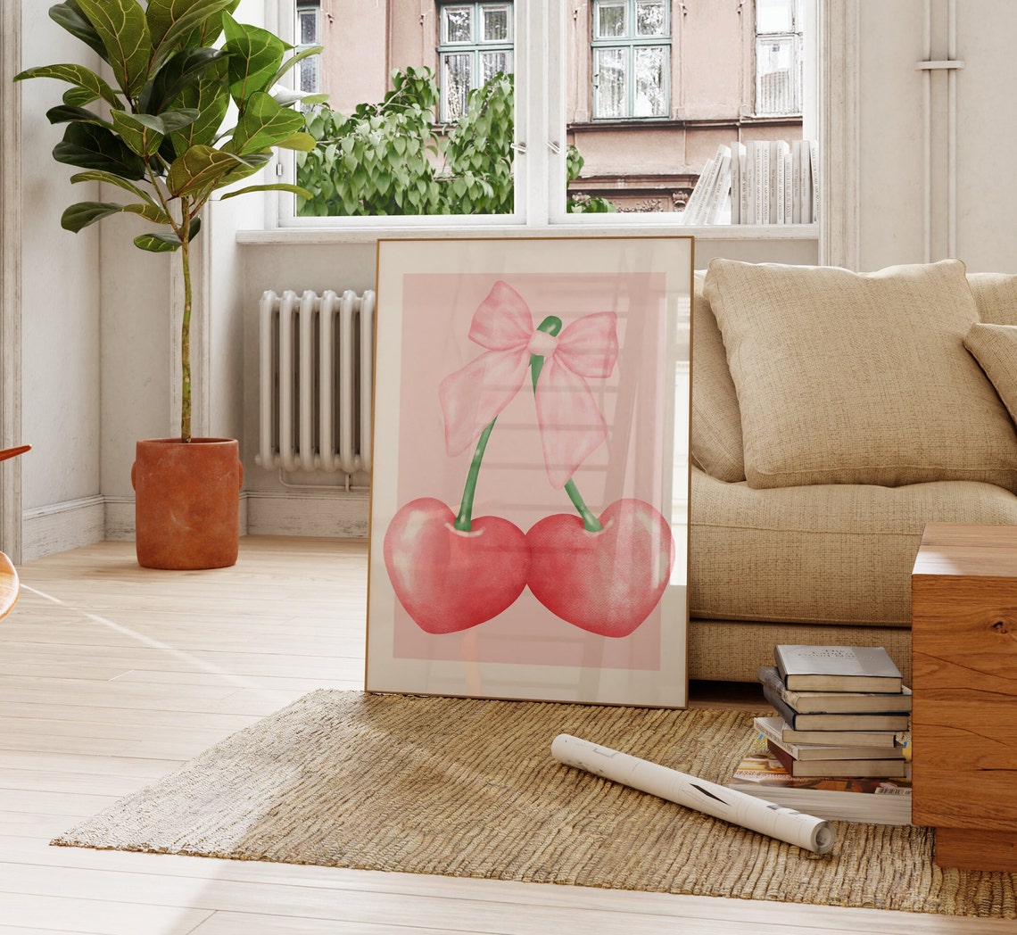Pink Cherry Watercolor Illustration Poster Girly Coquette Bow - Image 2