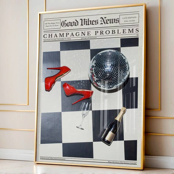 Champagne Problems Newspaper Poster Disco Ball Red Heels Party Scene Art