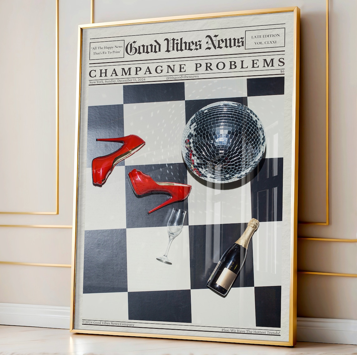 Champagne Problems Newspaper Poster Disco Ball Red Heels Party Scene Art