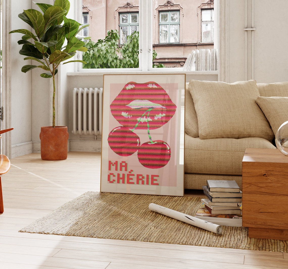 Ma Cherie Retro Pixel Cherry Poster Pop Lips Pink Girly Decor - Image 2