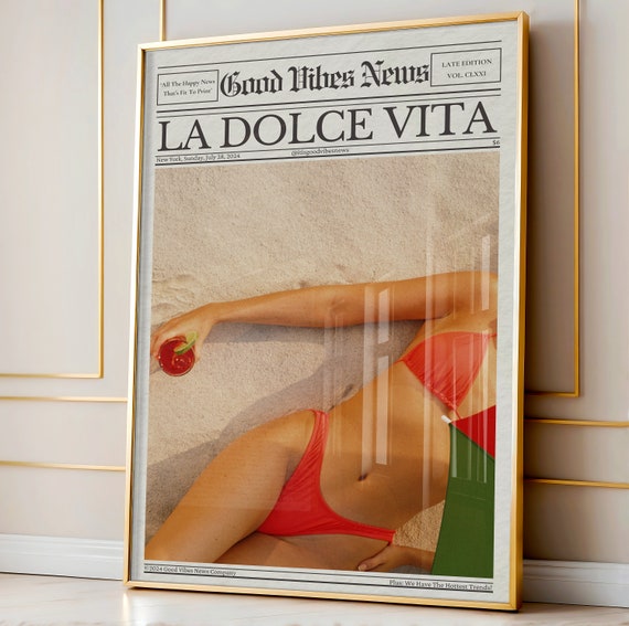 Trendy Newspaper Print La Dolce Vita Poster Aesthetic Girly Beachy Wall Decor Dorm Wall Art Good Vibes News Art