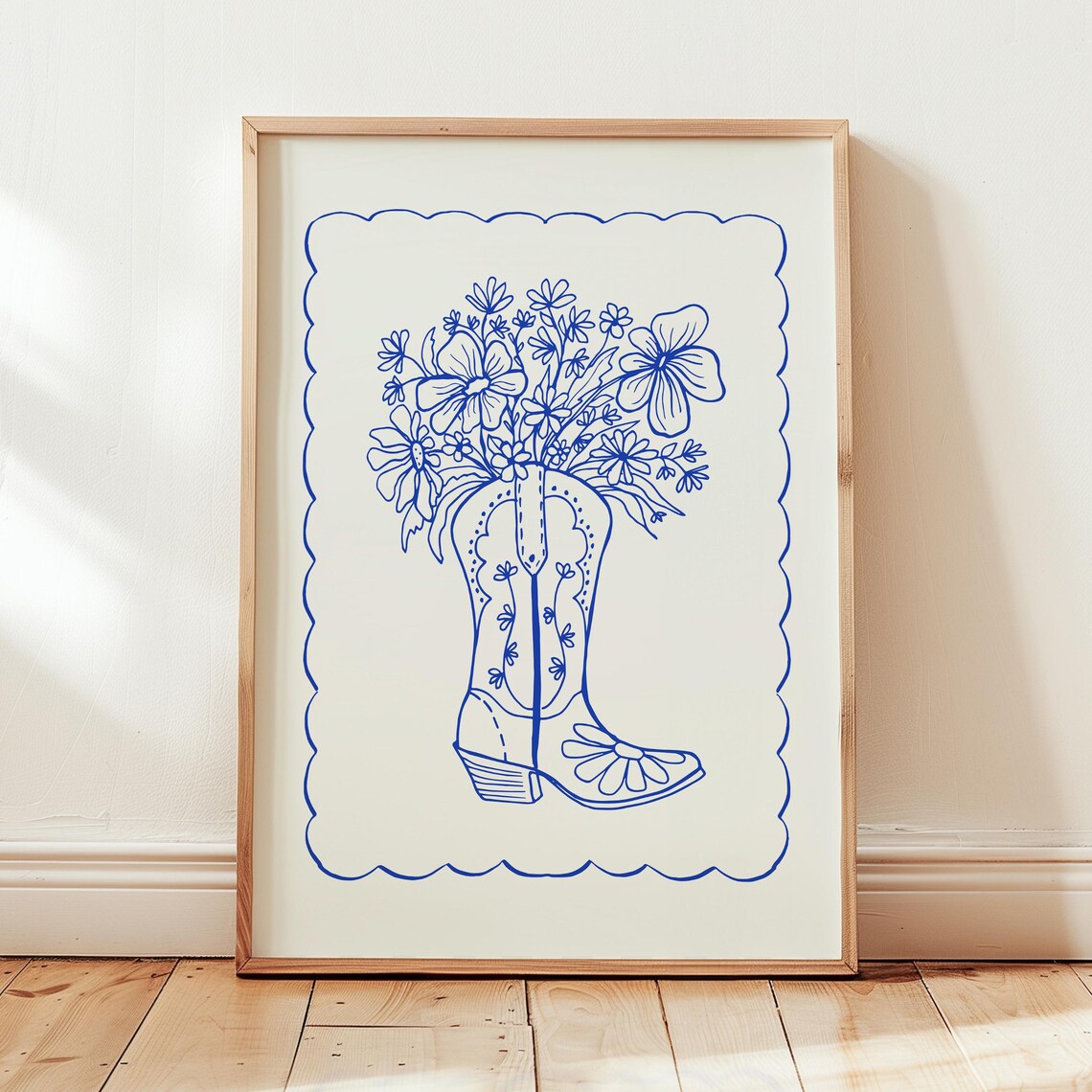 Blue Cowgirl Boot Bouquet Wildflowers Scalloped Line Art Print