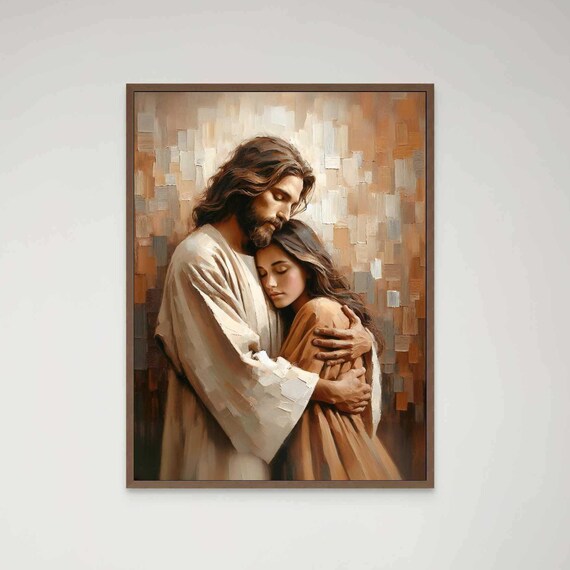 Jesus Embracing Woman Resting Her Head On His Chest Warm Art Poster