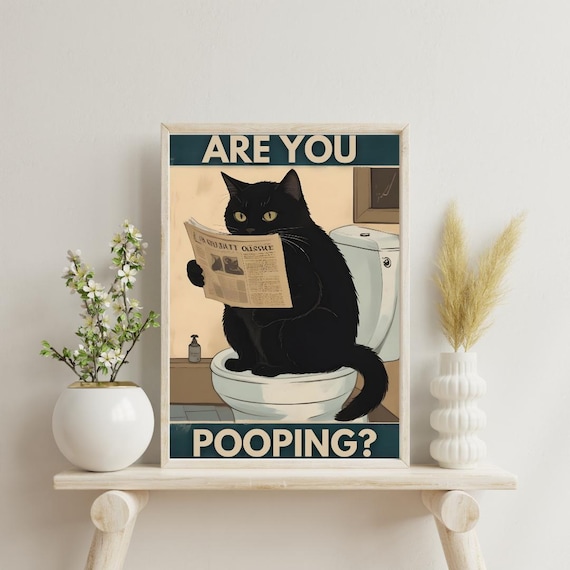 Funny Black Cat Reading Newspaper on Toilet Retro Humor Poster
