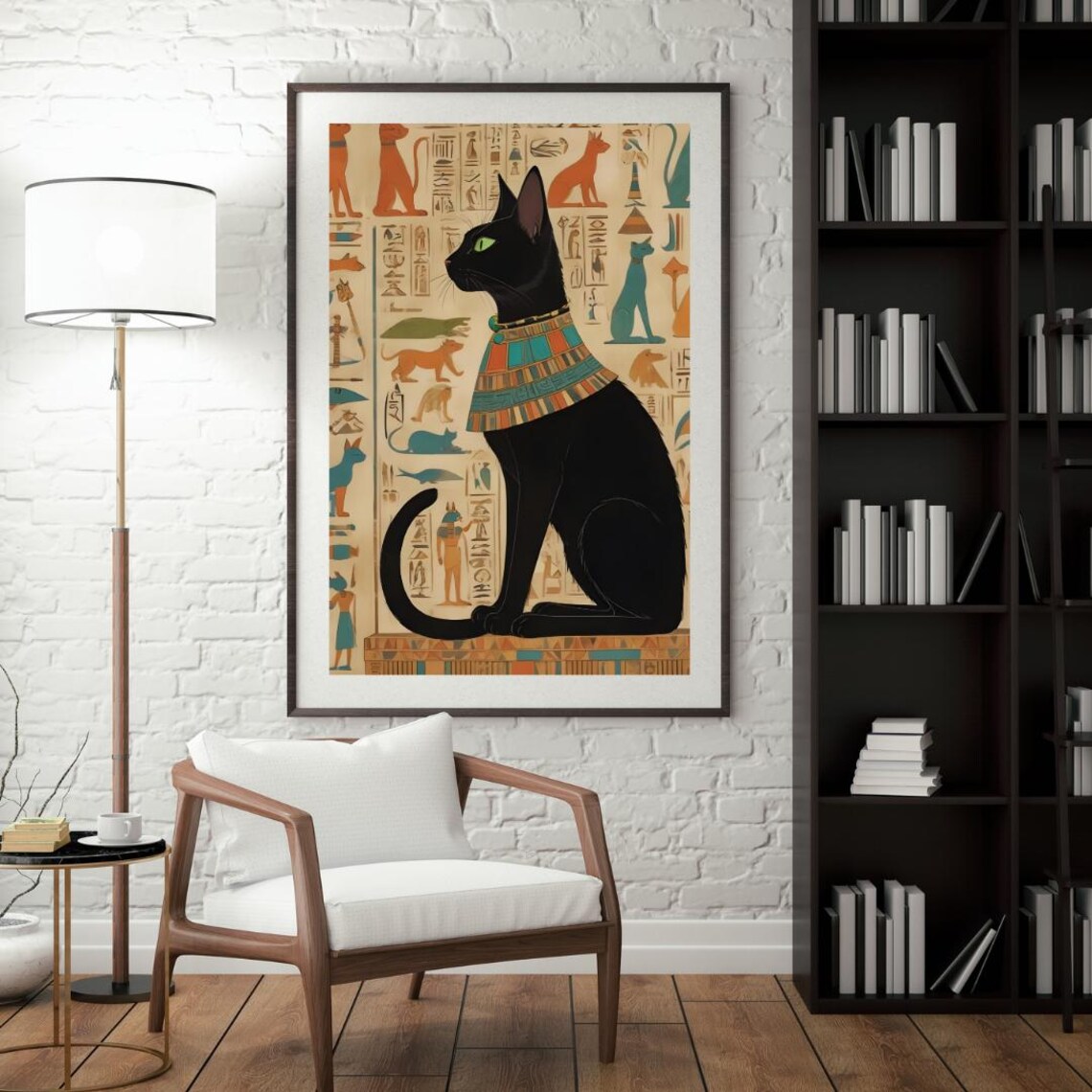 Black Cat Print Egyptian Hieroglyphics Wall Art Luxury Decor For Living Room Bedroom Studio Or Hallway Hanging Painting - Image 2
