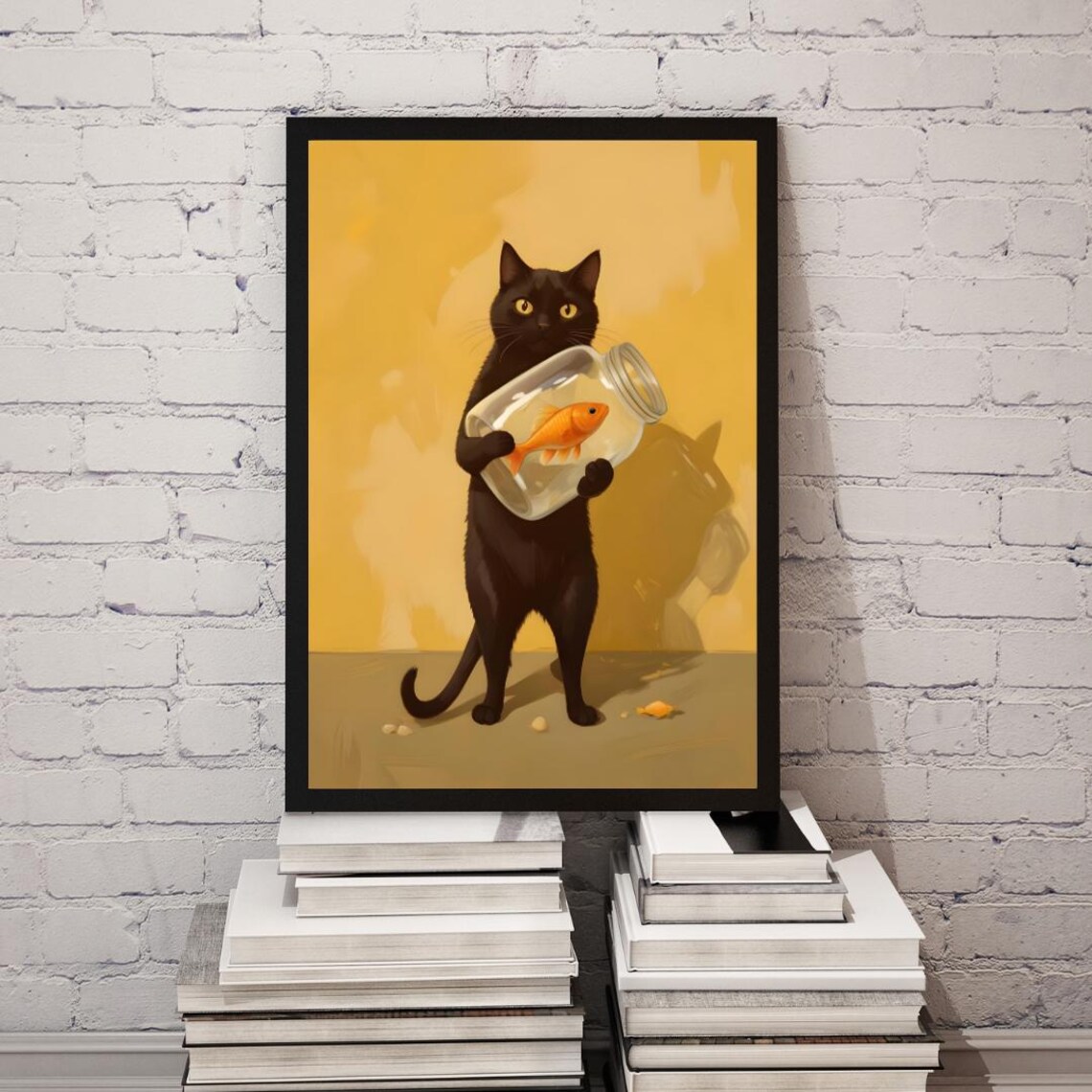 Black Cat Holding A Goldfish, Cute Cat Illustration