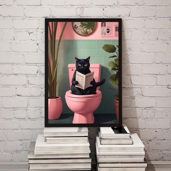 Black Cat Reading Paper on Pink Toilet Bathroom Funny Poster