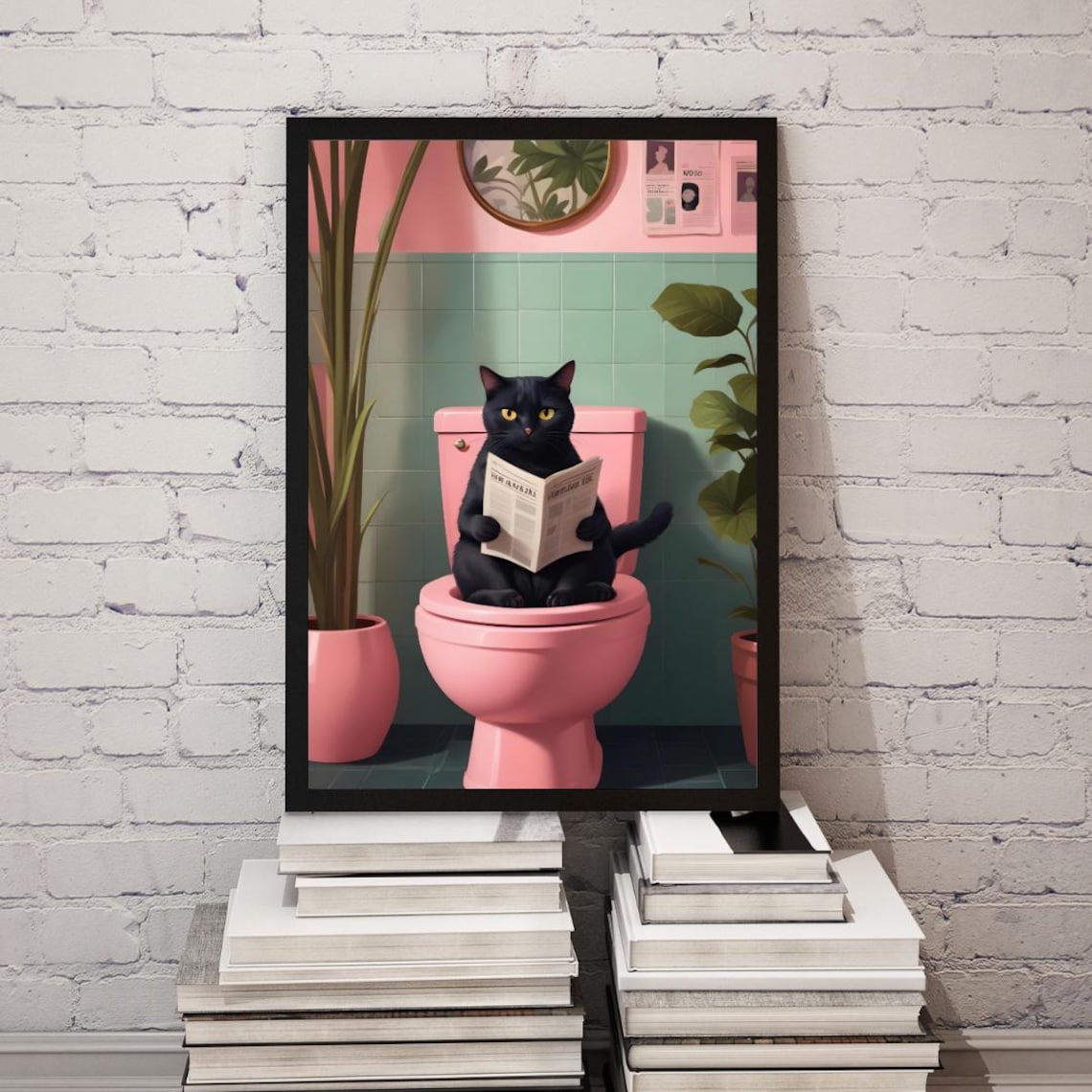 Black Cat Reading Paper on Pink Toilet Bathroom Funny Poster