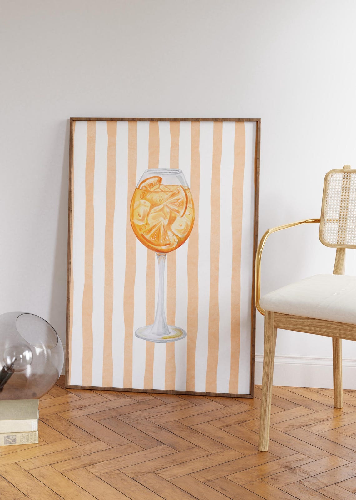 Aperol Spritz Cocktail Watercolor Poster on Peach Striped Background